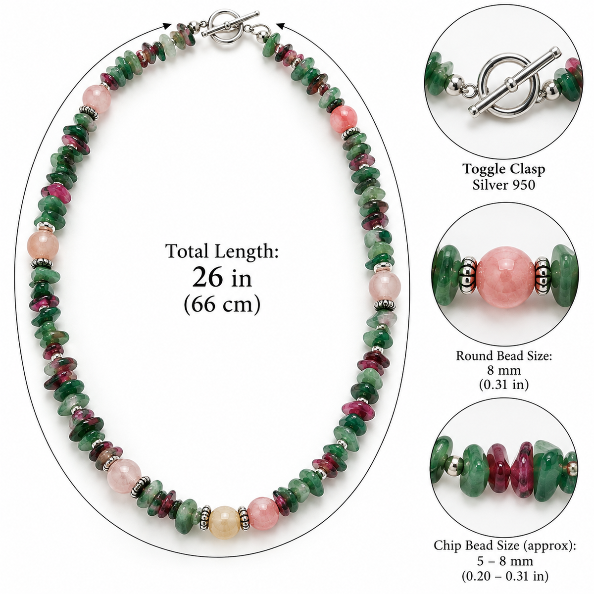 Rose Quartz, Green Aventurine & Fluorite Necklace — Silver 950