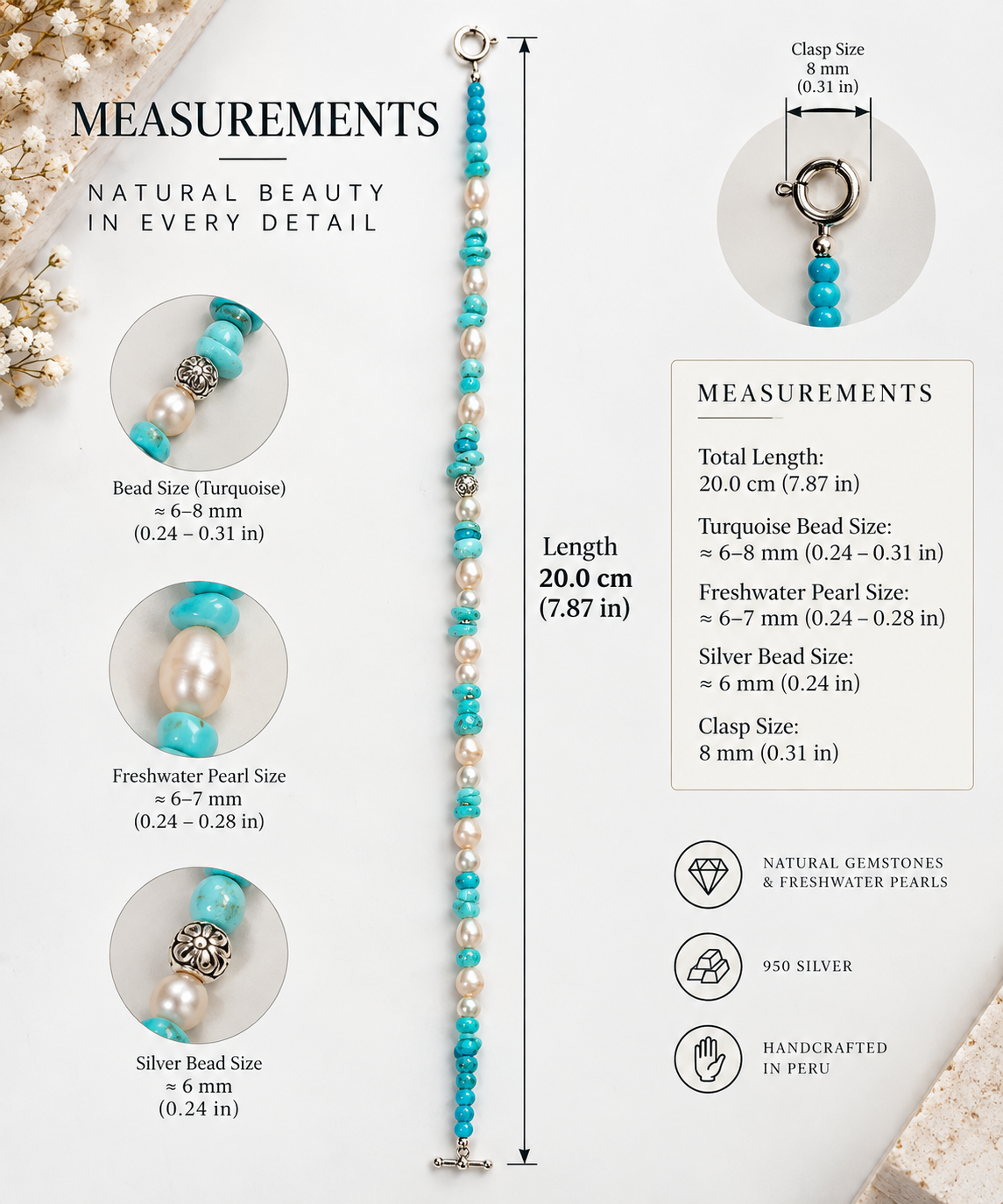 Amazonite, Peruvian Turquoise & River Pearl Necklace — Silver 950