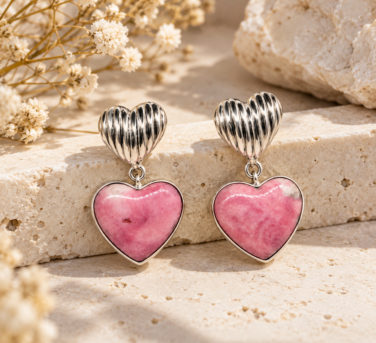 Rhodonite Heart Earrings – Silver 950