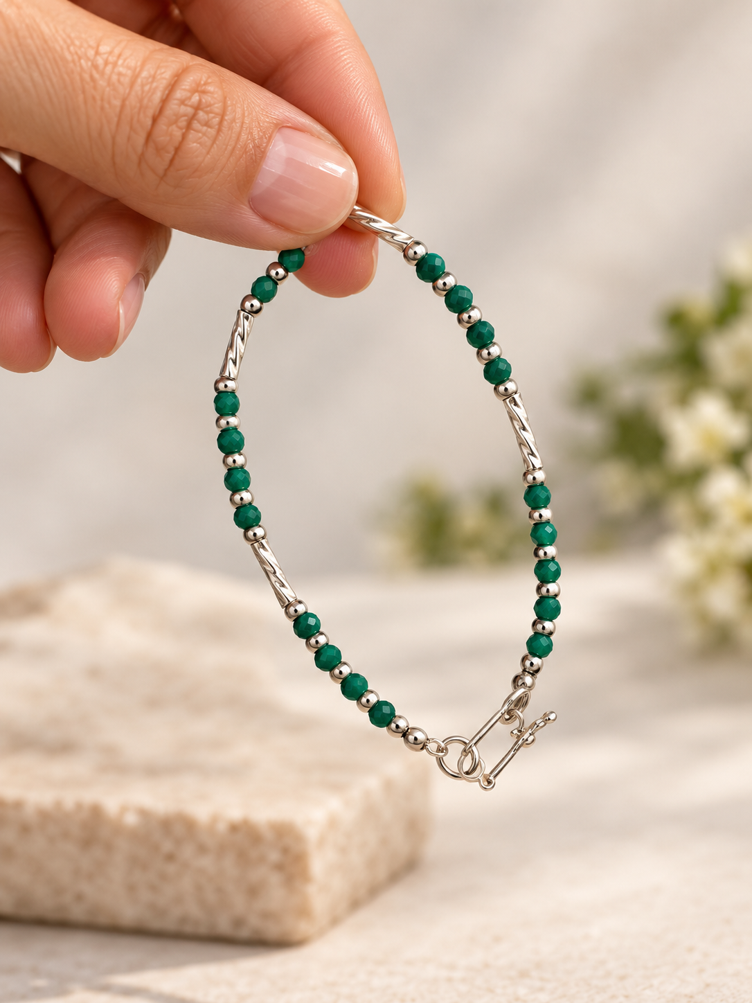 Green Bead & Silver 950 Bracelet