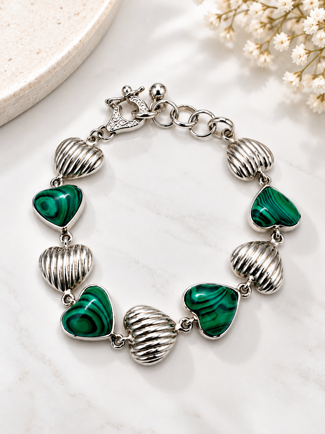Malachite & Silver 950 Heart Bracelet