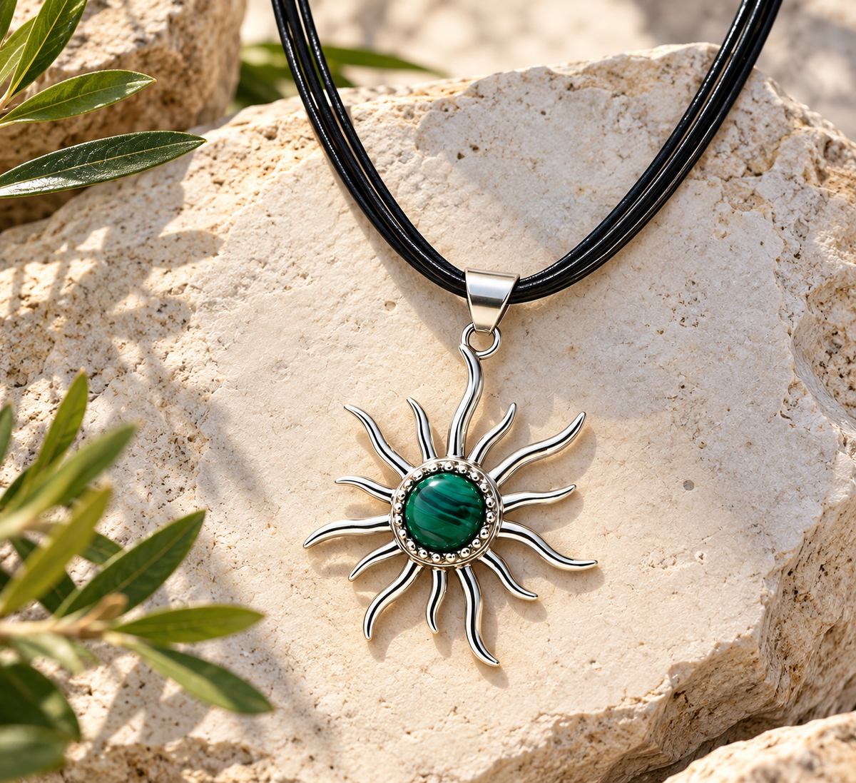 Malachite & 950 Silver Sun Pendant Necklace