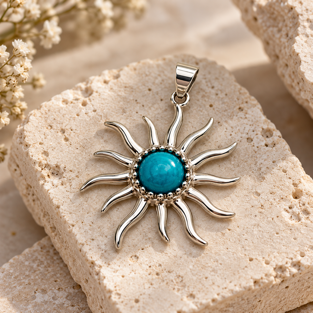 Peruvian Turquoise Sun Pendant – 950 Silver
