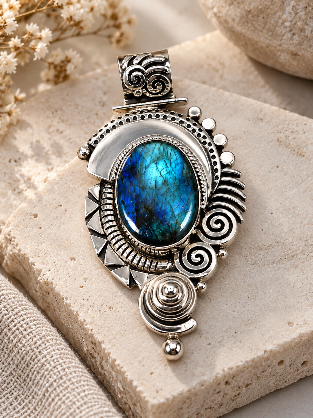 Blue Labradorite & Silver 950 Pendant