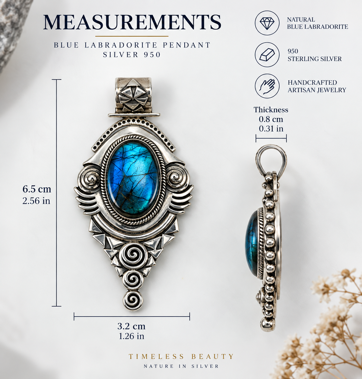 Blue Labradorite & Silver 950 Pendant