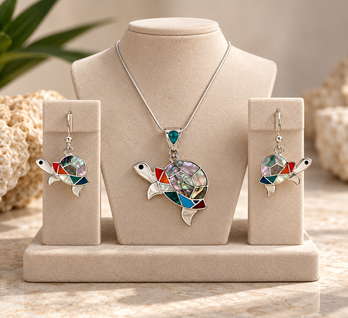 Mother of Pearl, Spondylus, Abalone & Chrysocolla Turtle Jewelry Set