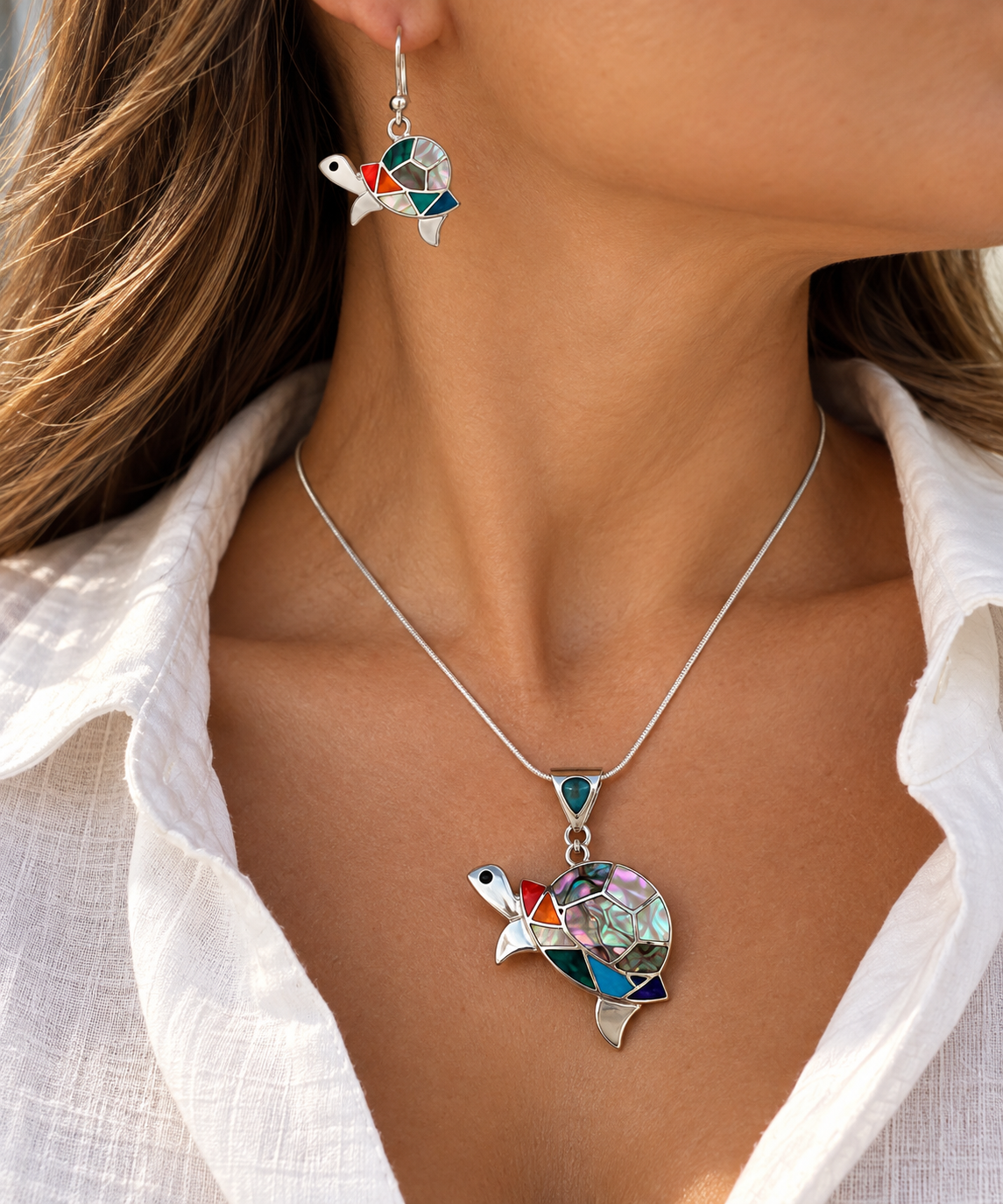 Mother of Pearl, Spondylus, Abalone & Chrysocolla Turtle Jewelry Set