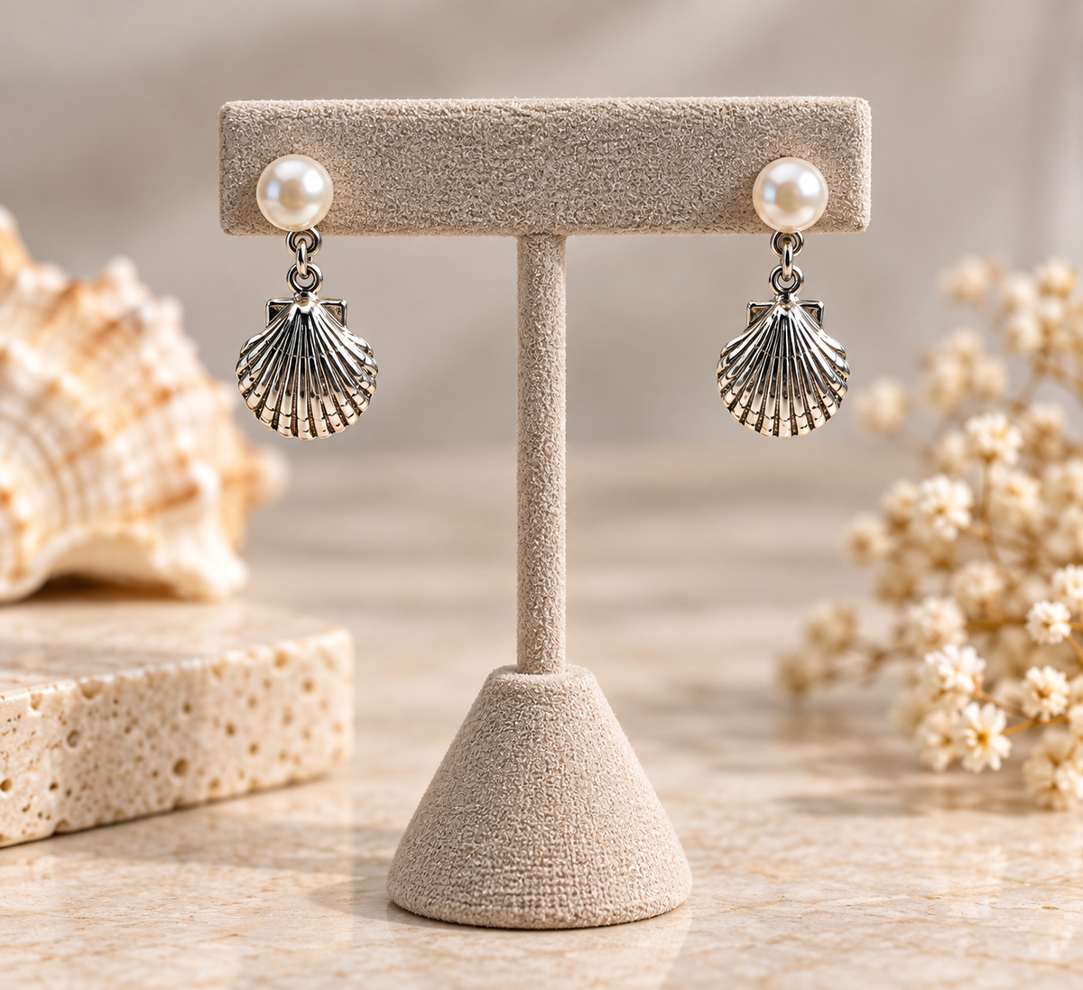 Pearl & Silver Seashell Earrings – Silver 950