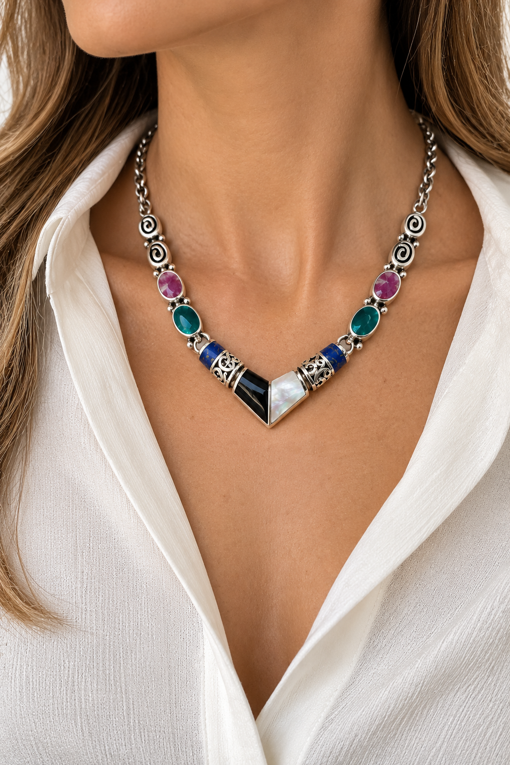 Mother of Pearl, Onyx, Rhodonite, Chrysocolla & Lapis Lazuli Necklace — Silver 950