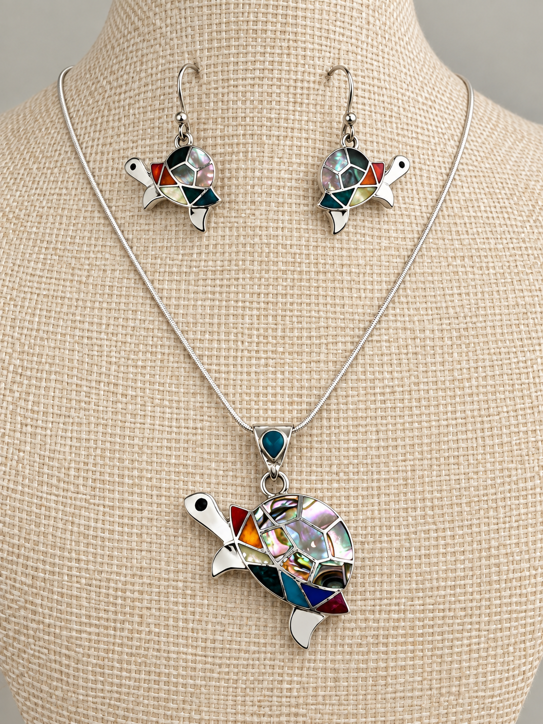 Mother of Pearl, Spondylus, Abalone & Chrysocolla Turtle Jewelry Set