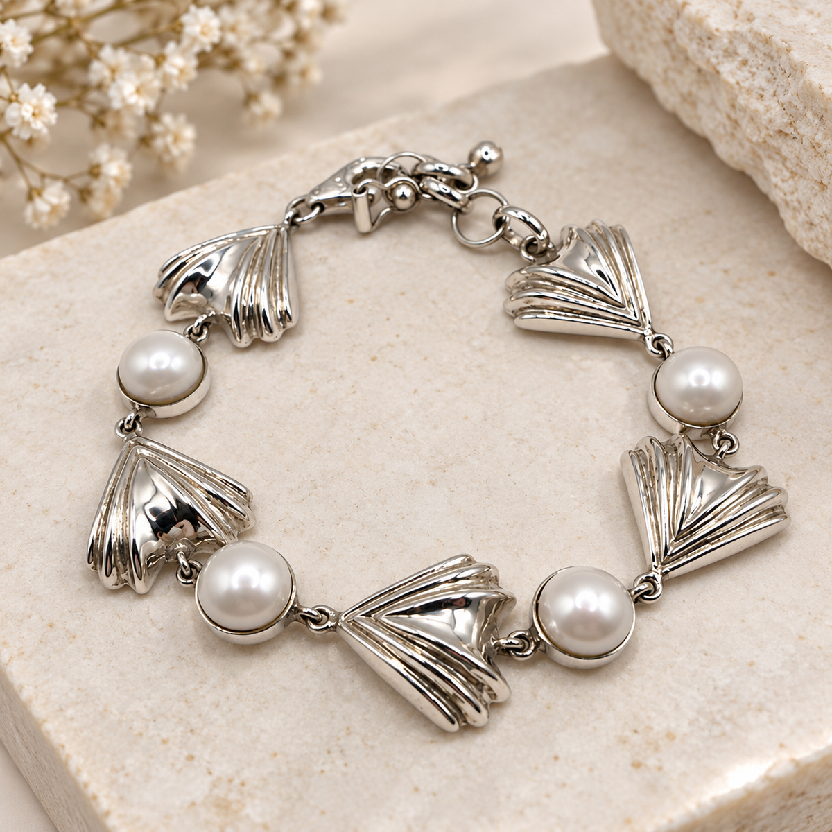 Silver 950 & River Pearl Statement Bracelet