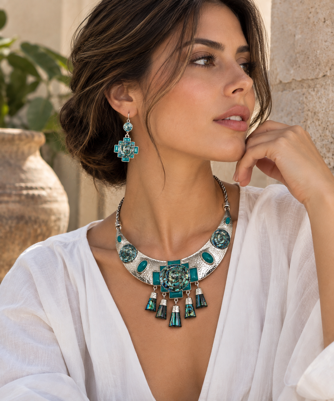 Abalone & Chrysocolla 950 Silver Necklace & Earrings Set