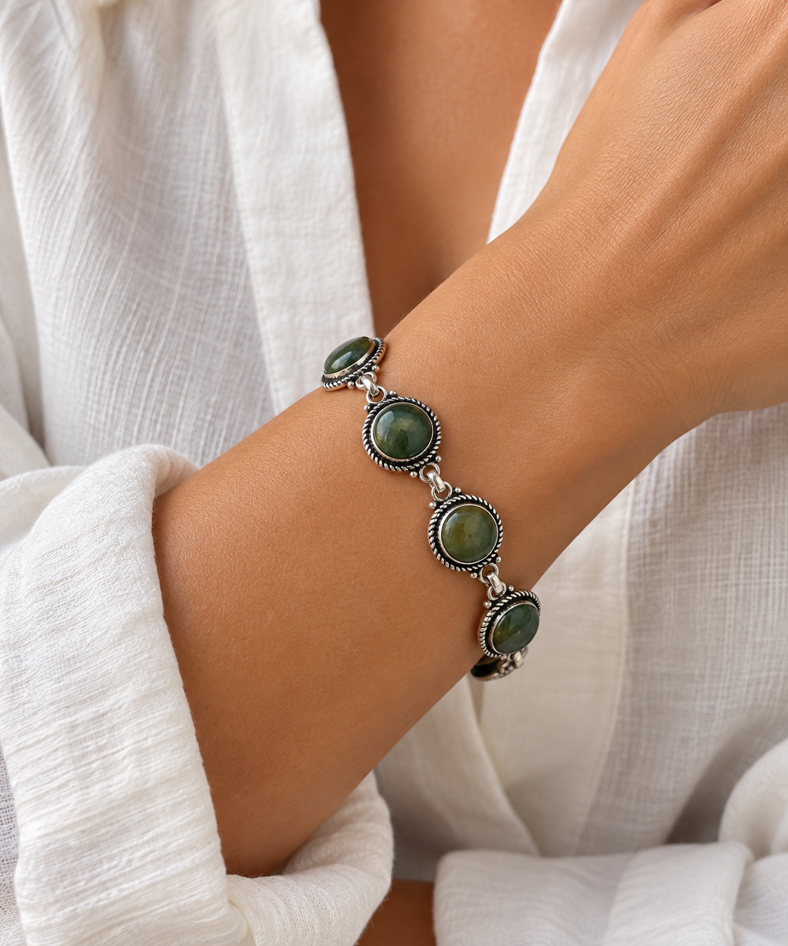 Rare Dominican Green Amber & Silver Bracelet