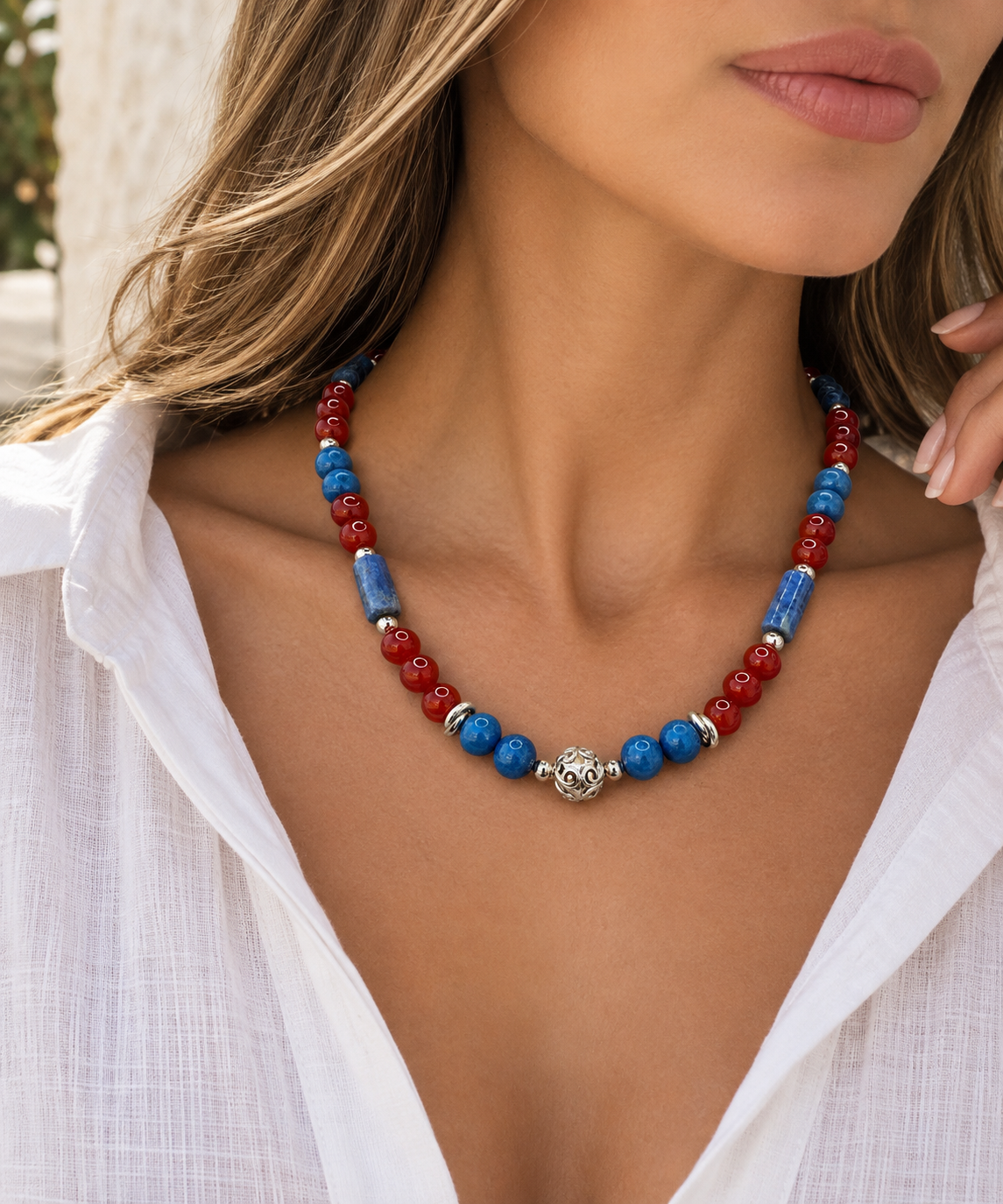 Agate, Jade & Blue Kyanite Necklace – 950 Silver