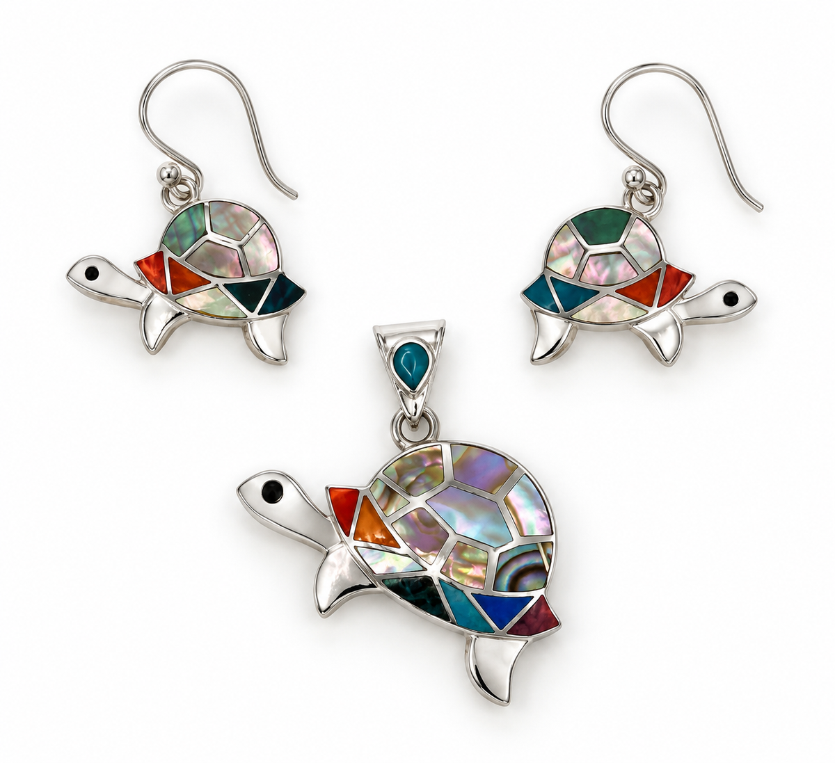 Mother of Pearl, Spondylus, Abalone & Chrysocolla Turtle Jewelry Set