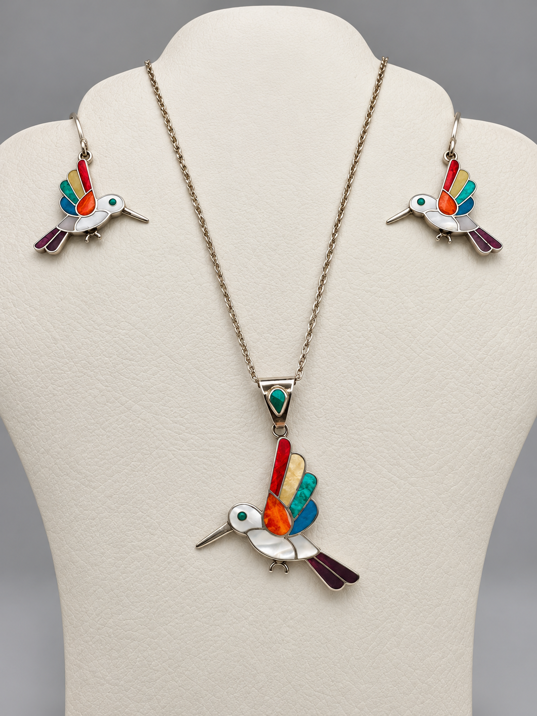 Hummingbird Gemstone Inlay Pendant & Earrings Set