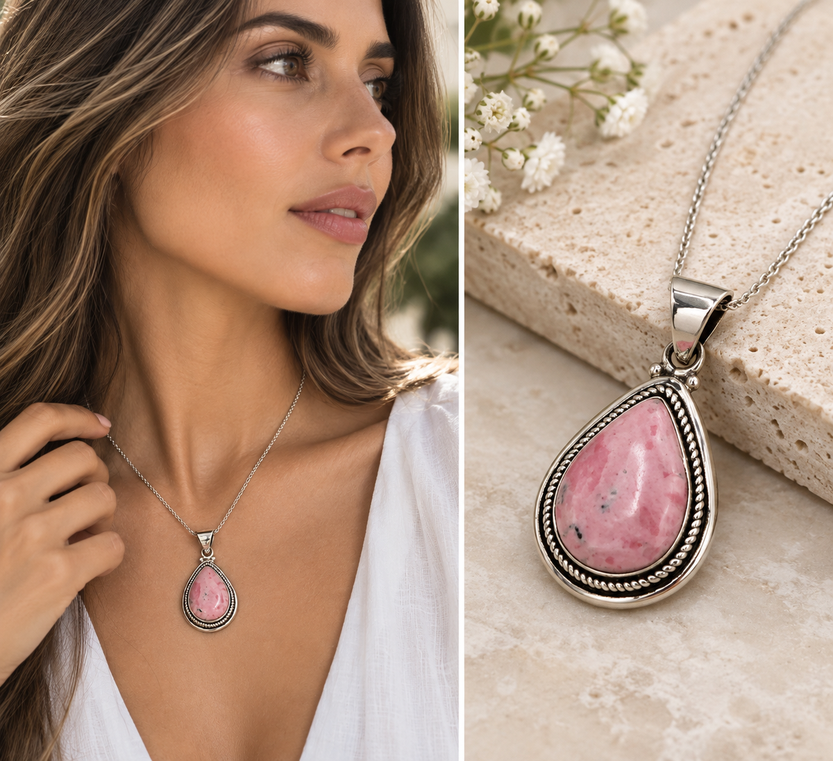 Rhodochrosite & 950 Silver Pendant