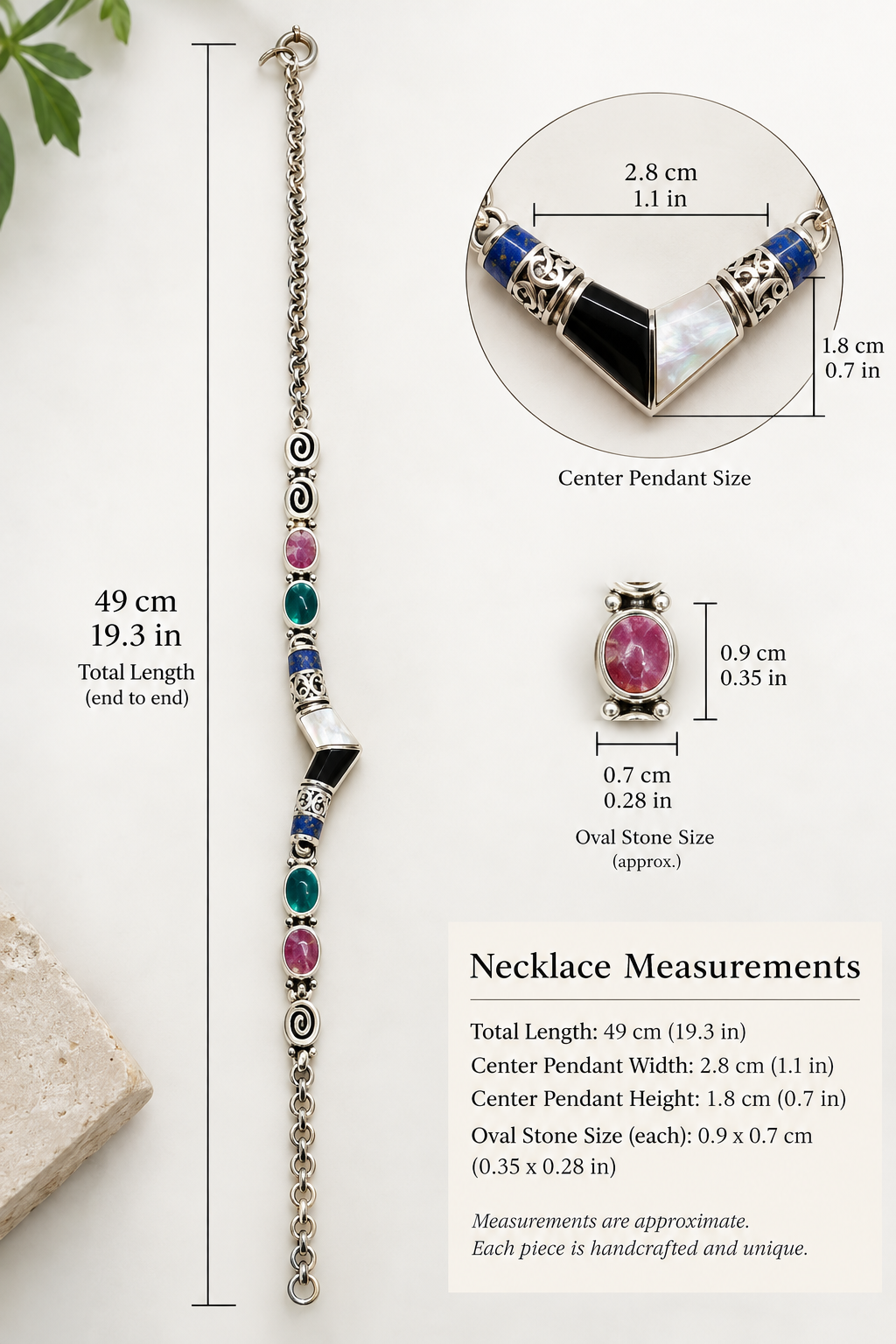 Mother of Pearl, Onyx, Rhodonite, Chrysocolla & Lapis Lazuli Necklace — Silver 950