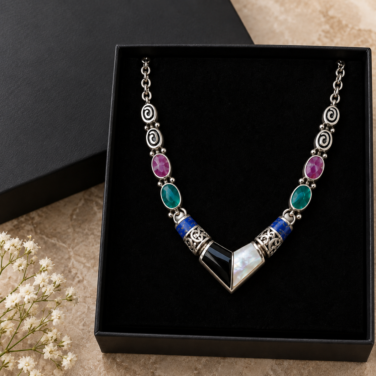 Mother of Pearl, Onyx, Rhodonite, Chrysocolla & Lapis Lazuli Necklace — Silver 950