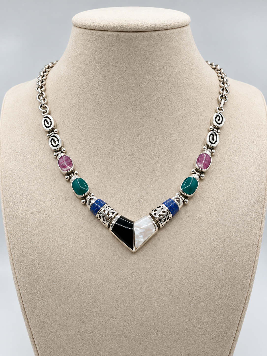 Mother of Pearl, Onyx, Rhodonite, Chrysocolla & Lapis Lazuli Necklace — Silver 950
