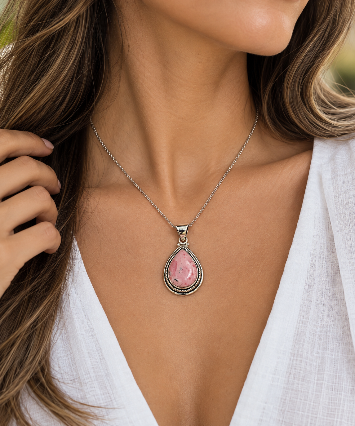 Rhodochrosite & 950 Silver Pendant