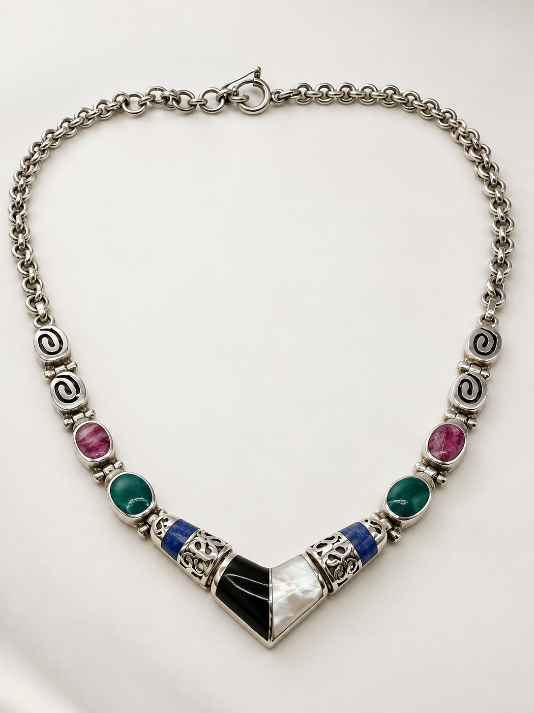 Mother of Pearl, Onyx, Rhodonite, Chrysocolla & Lapis Lazuli Necklace — Silver 950