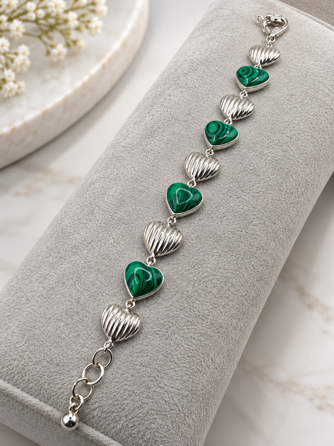 Malachite & Silver 950 Heart Bracelet