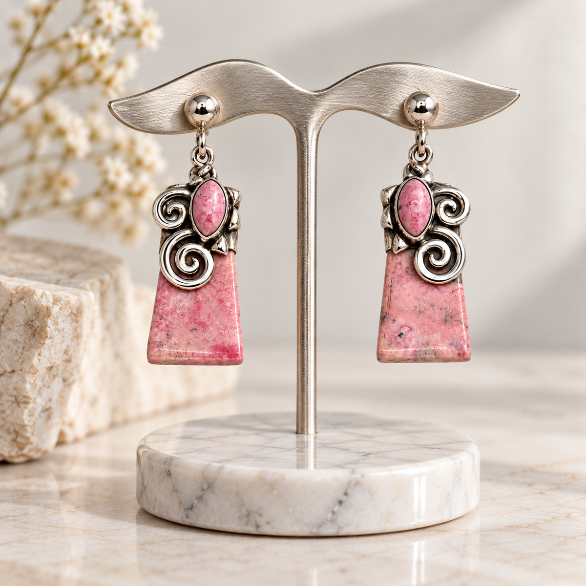 Rhodonite & Silver 950 Earrings