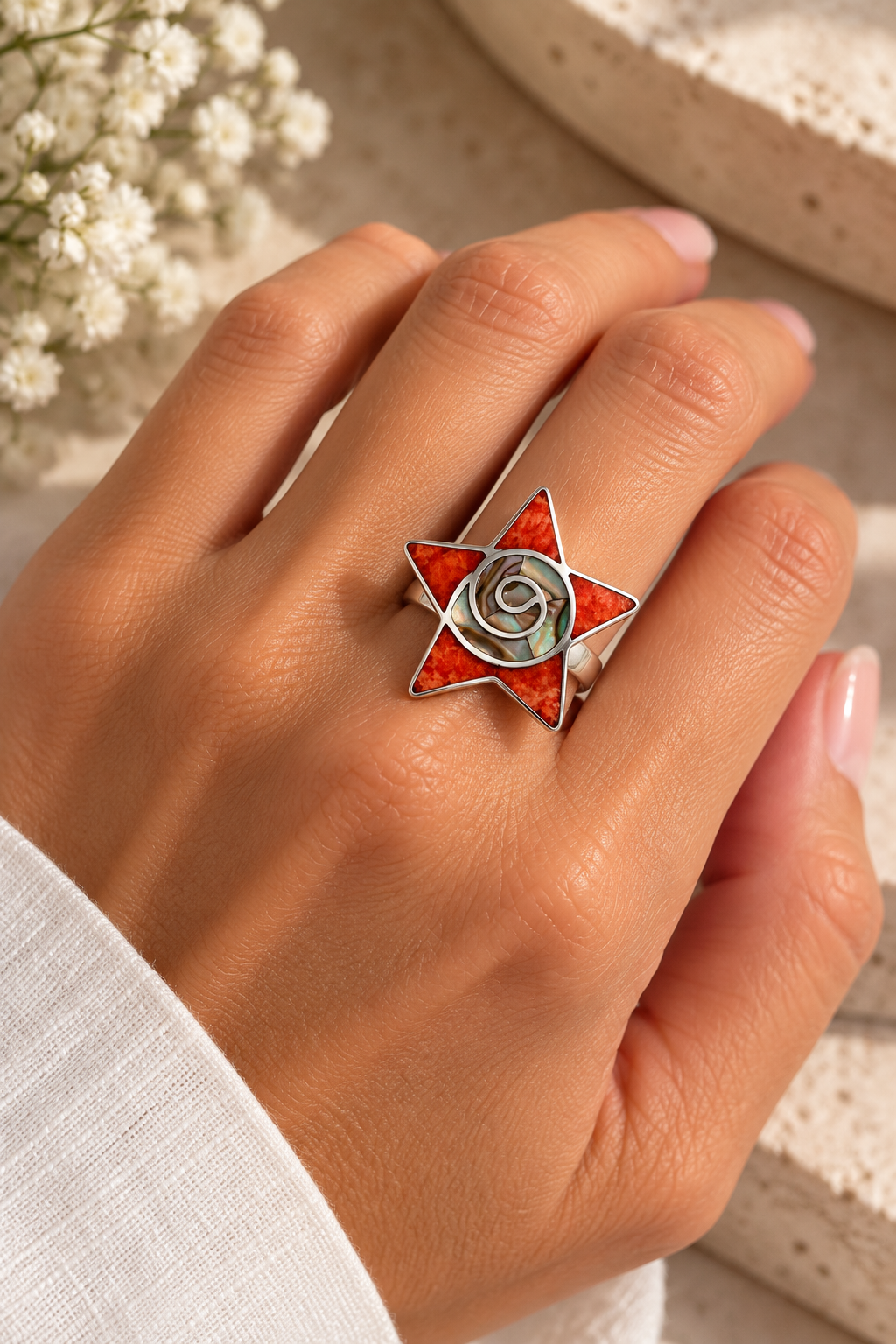 Abalone & Spondylus Star Ring – Silver 950