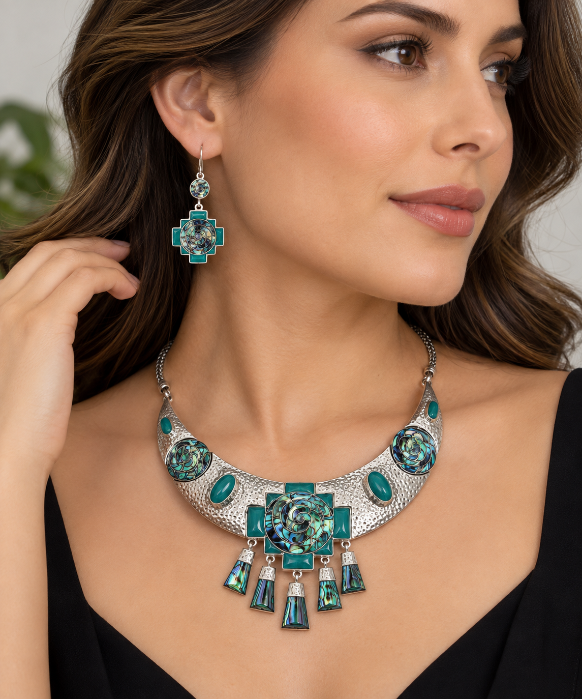 Abalone & Chrysocolla 950 Silver Necklace & Earrings Set