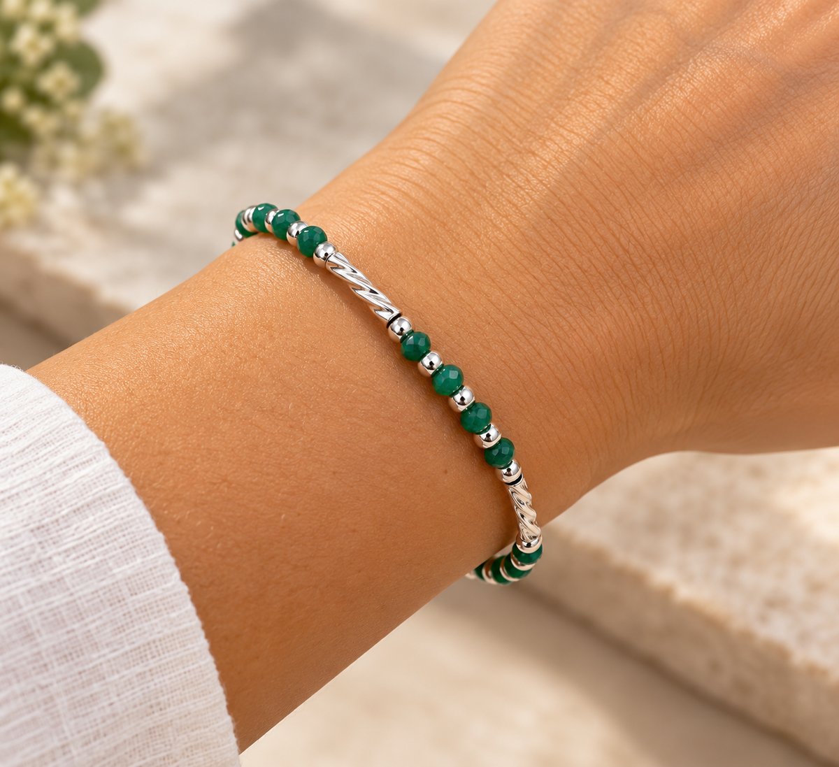 Green Bead & Silver 950 Bracelet