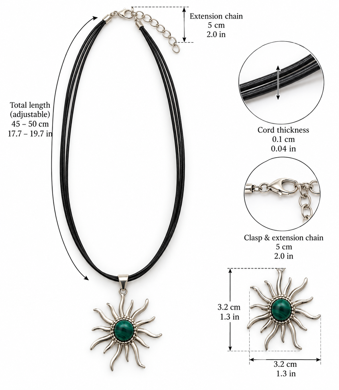 Malachite & 950 Silver Sun Pendant Necklace