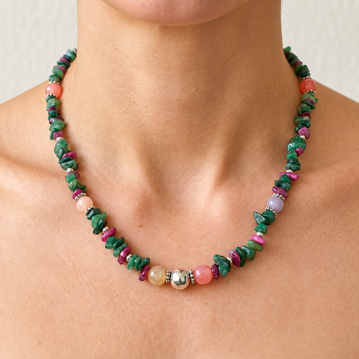 Rose Quartz, Green Aventurine & Fluorite Necklace — Silver 950