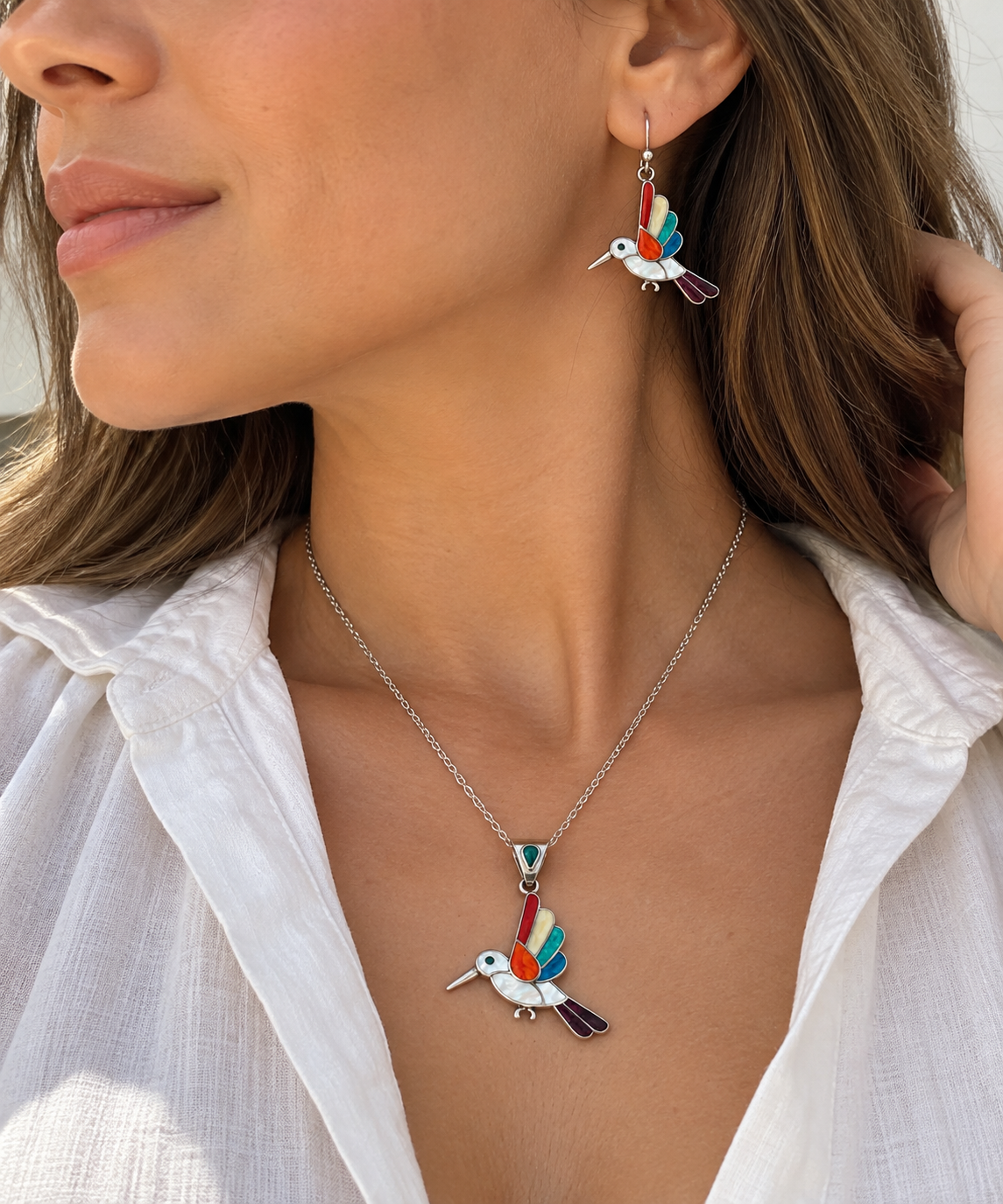 Hummingbird Gemstone Inlay Pendant & Earrings Set