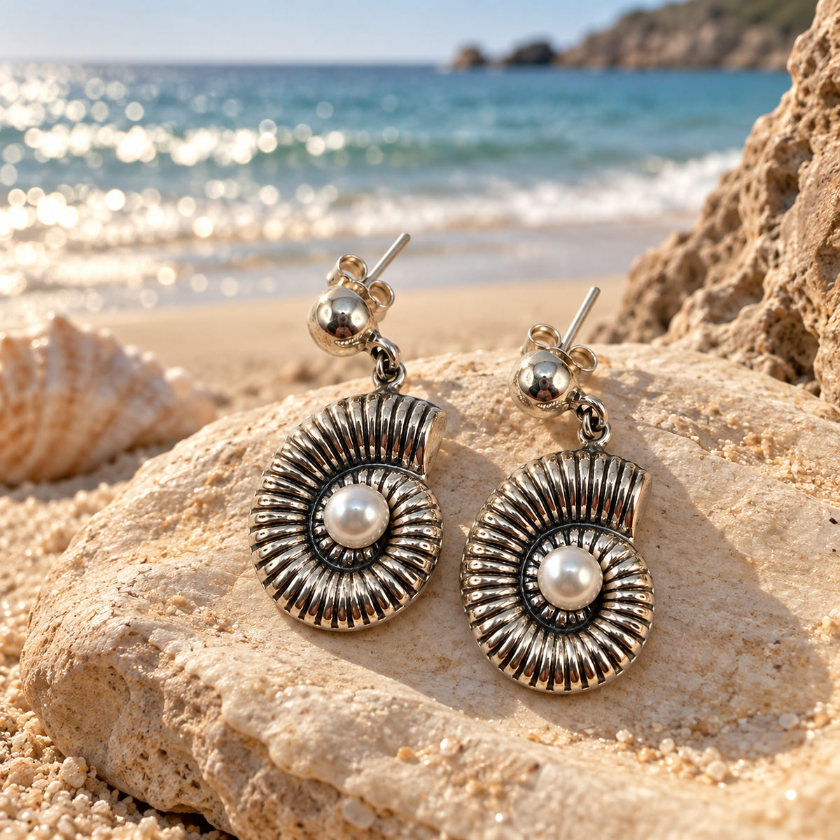 Pearl Seashell Silver 950 Drop Earrings