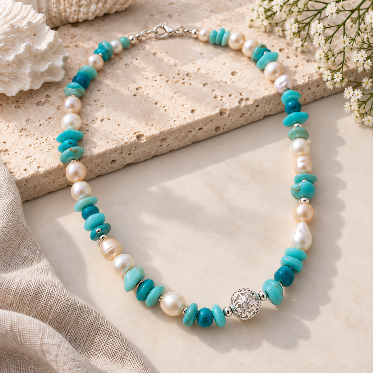 Amazonite, Peruvian Turquoise & River Pearl Necklace — Silver 950
