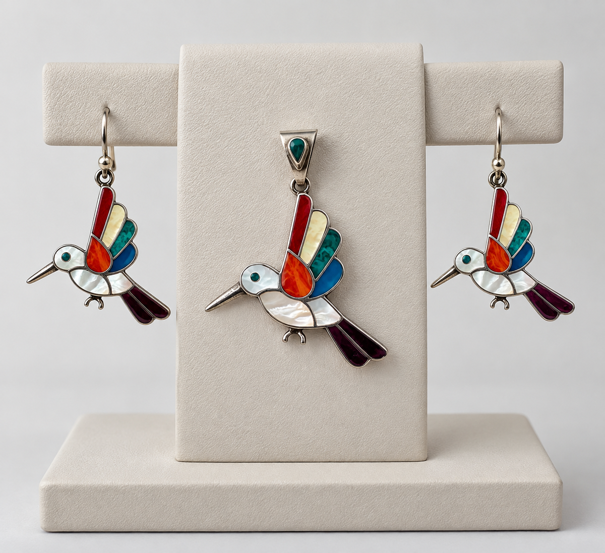 Hummingbird Gemstone Inlay Pendant & Earrings Set