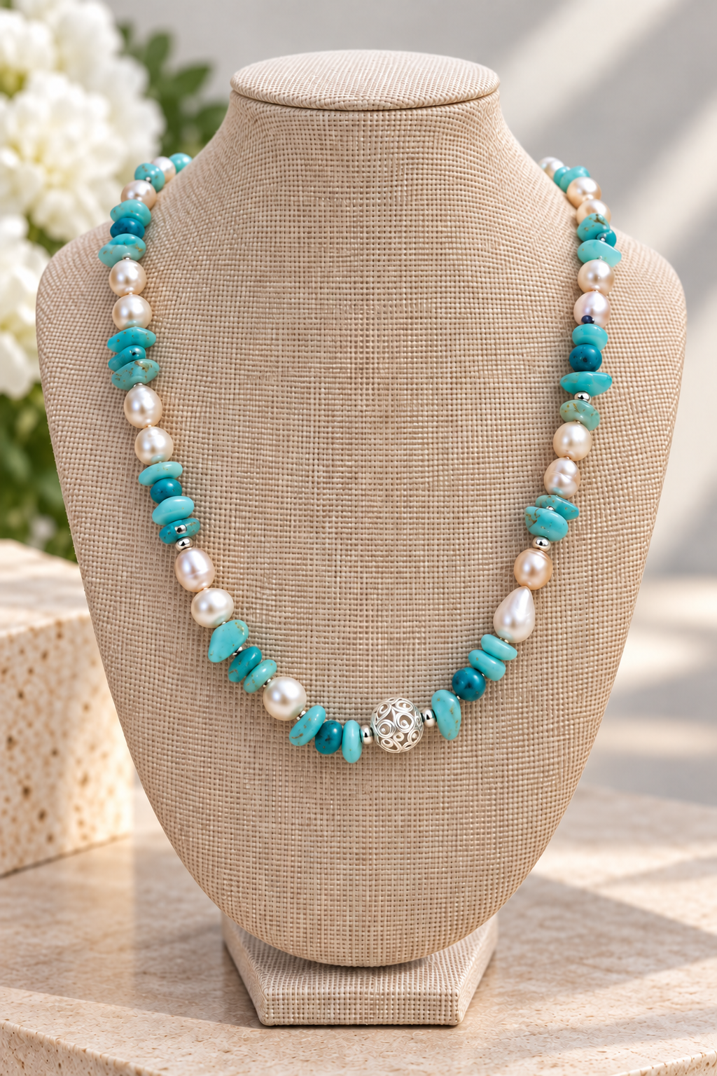 Amazonite, Peruvian Turquoise & River Pearl Necklace — Silver 950