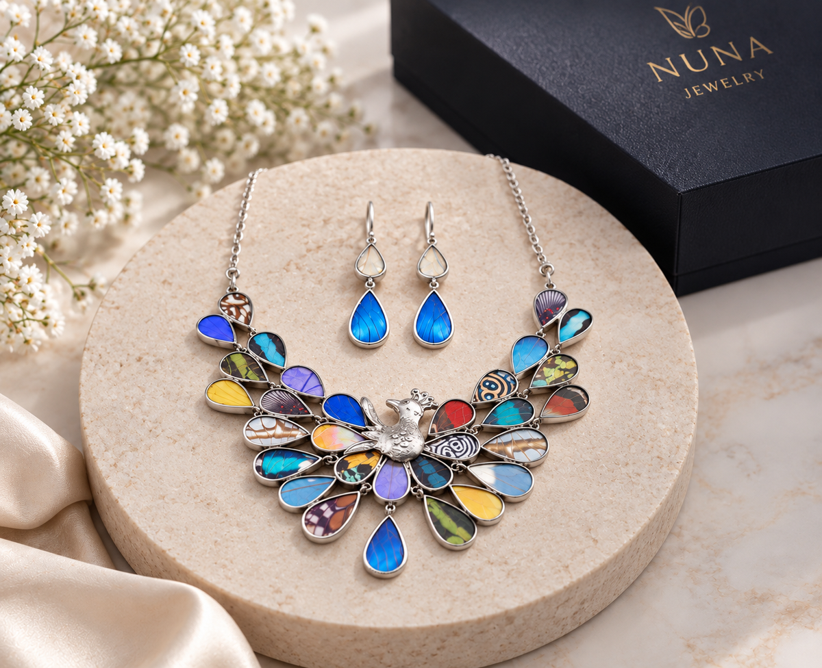 Butterfly Wings Peacock Masterpiece – Silver 950 Necklace & Earrings Set