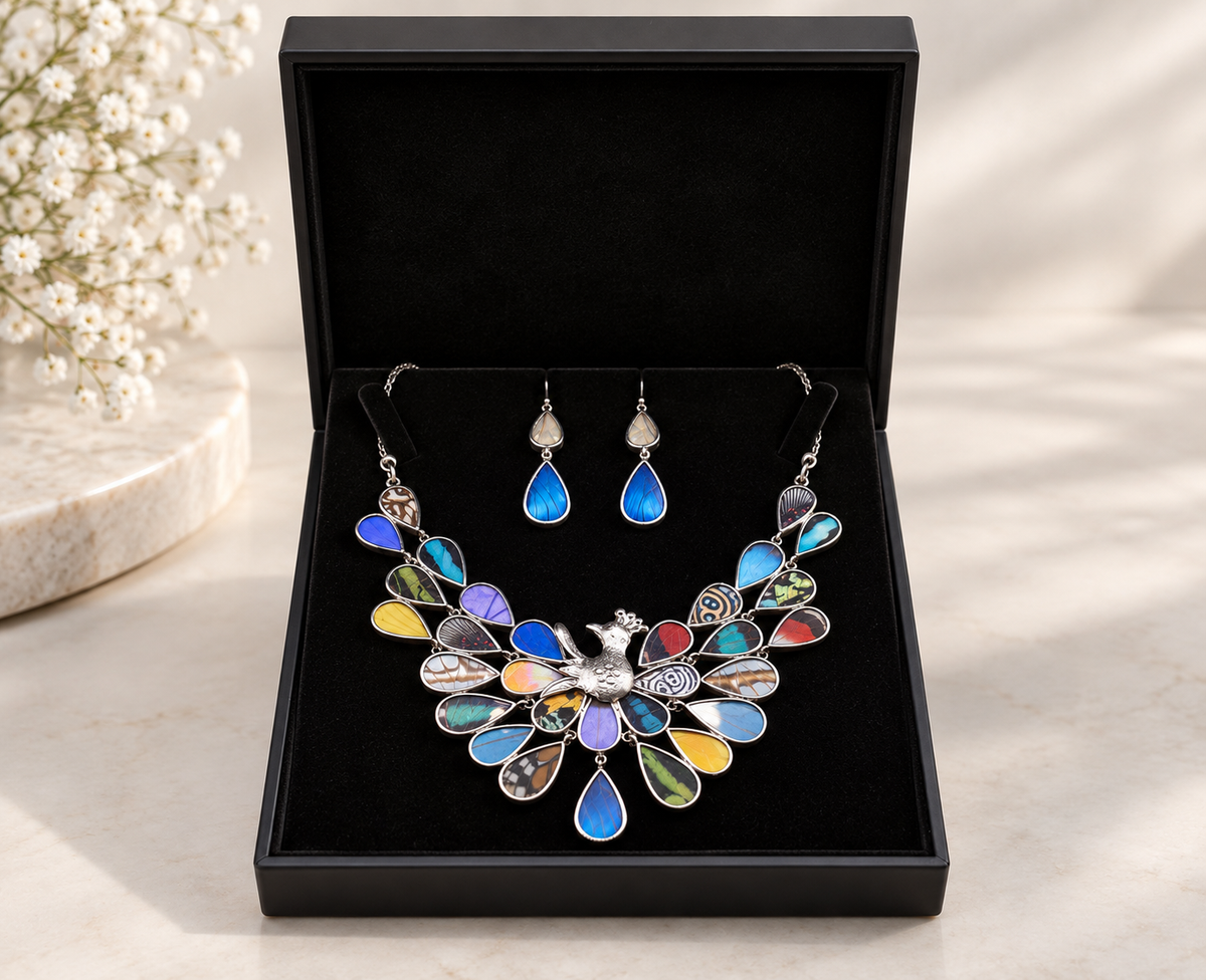 Butterfly Wings Peacock Masterpiece – Silver 950 Necklace & Earrings Set