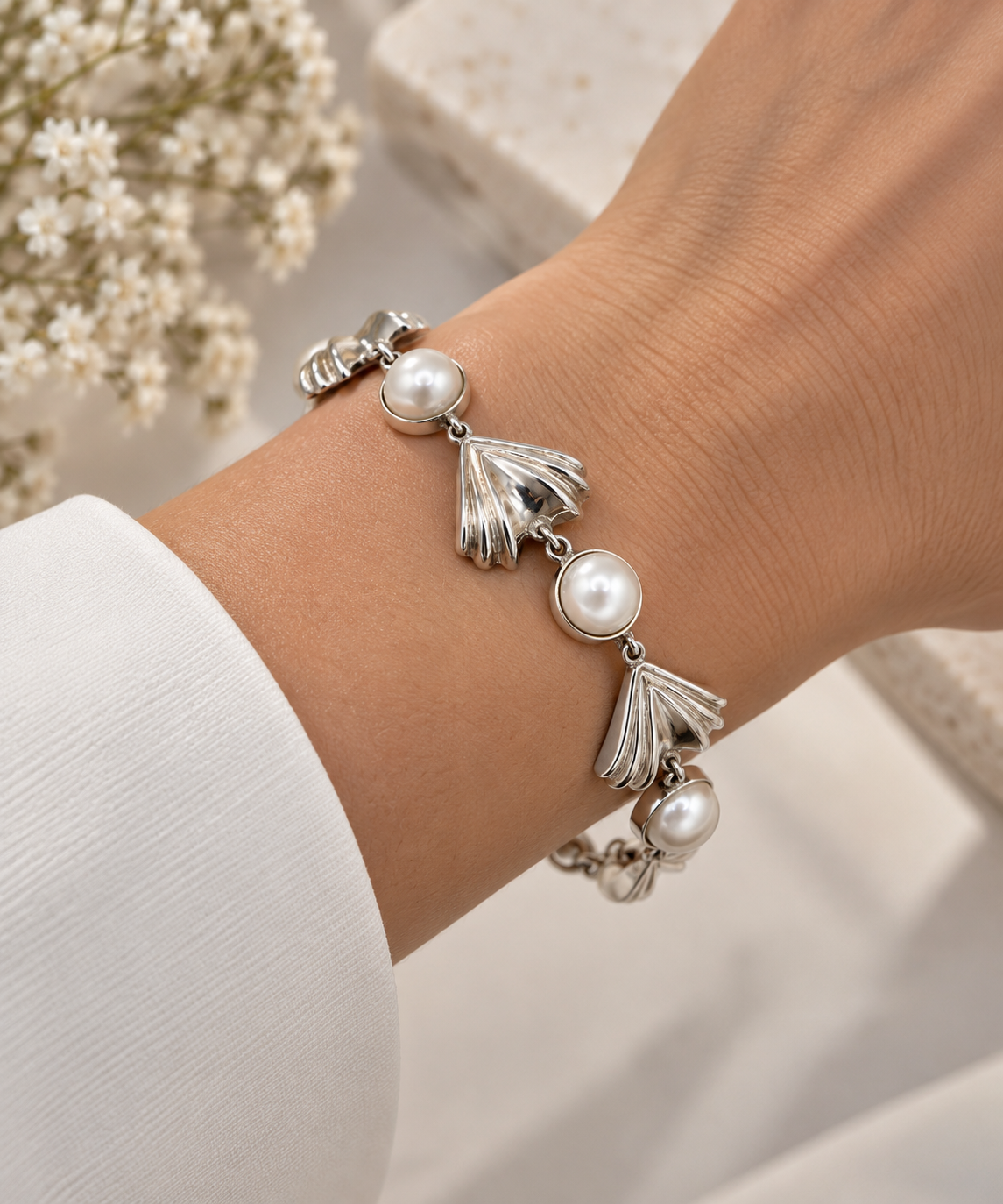 Silver 950 & River Pearl Statement Bracelet
