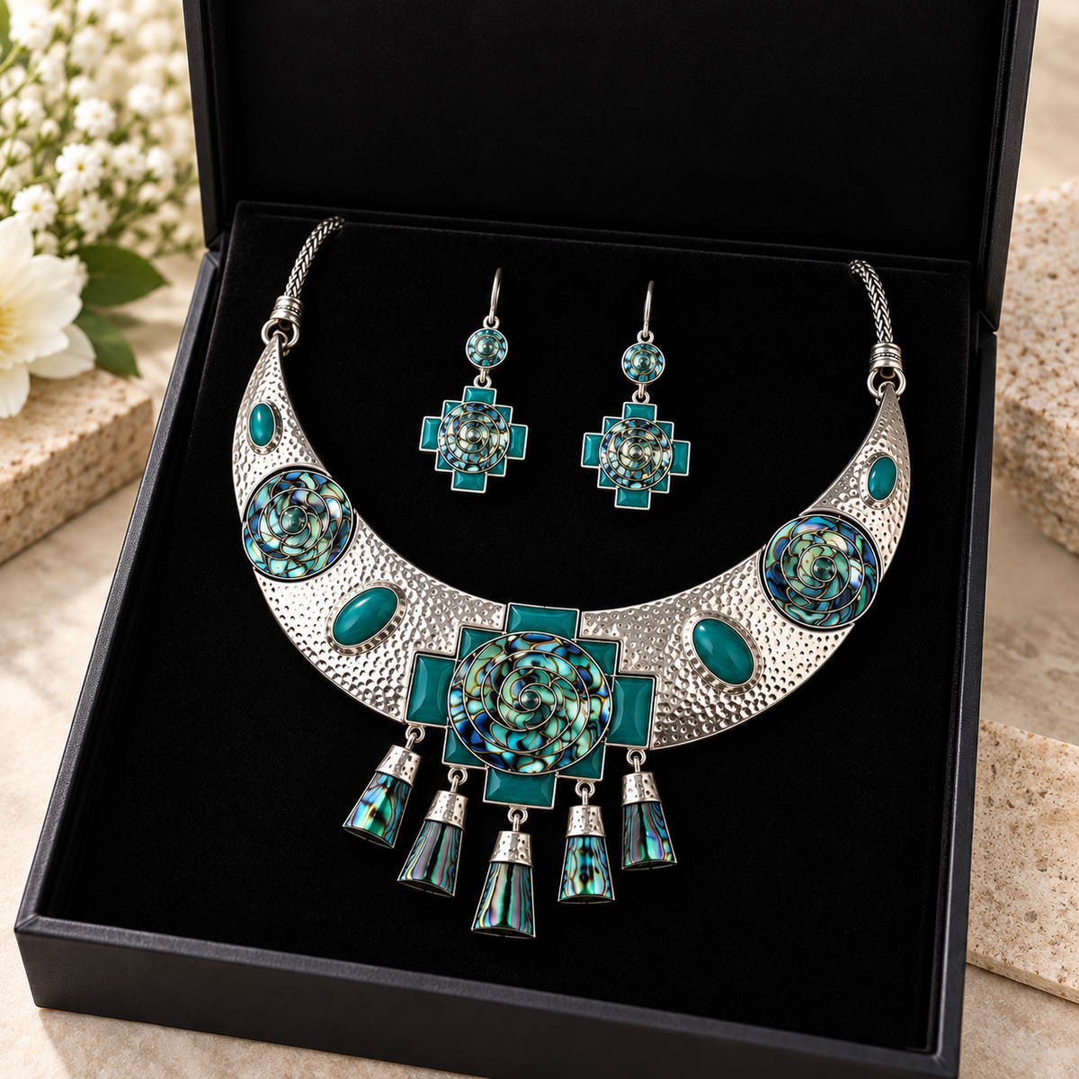 Abalone & Chrysocolla 950 Silver Necklace & Earrings Set