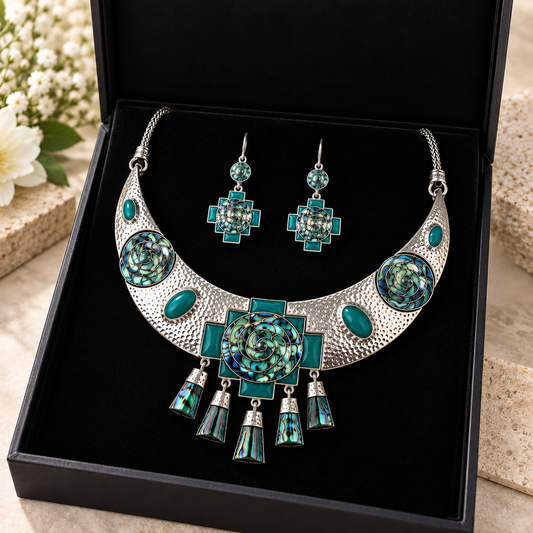 Abalone & Chrysocolla 950 Silver Necklace & Earrings Set