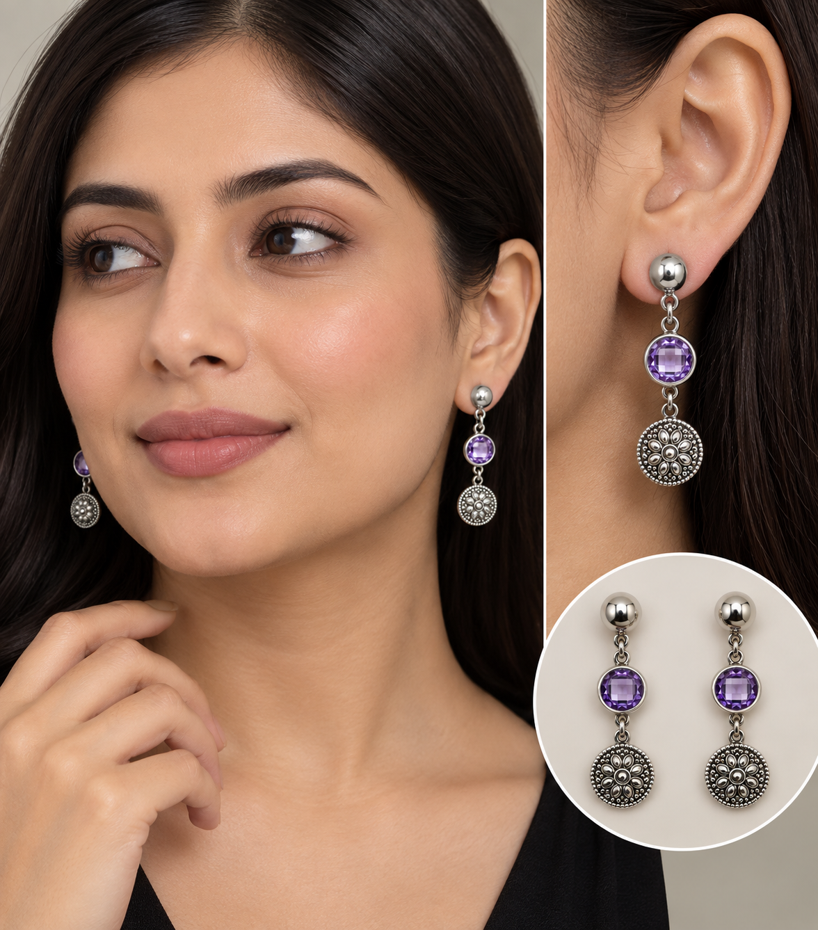 Purple Zircon Silver 950 Drop Earrings