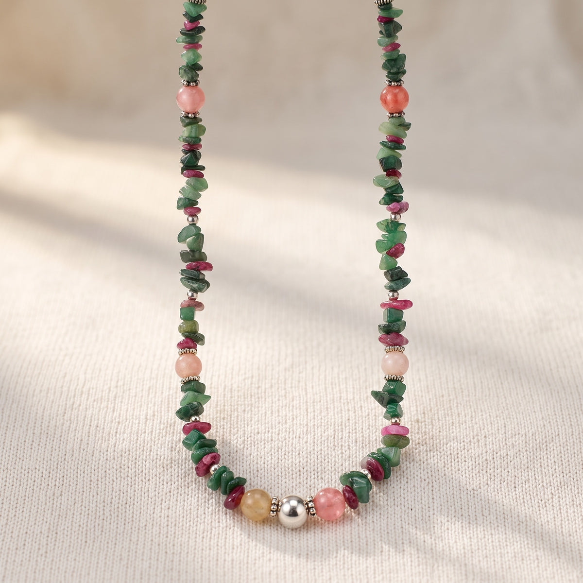 Rose Quartz, Green Aventurine & Fluorite Necklace — Silver 950