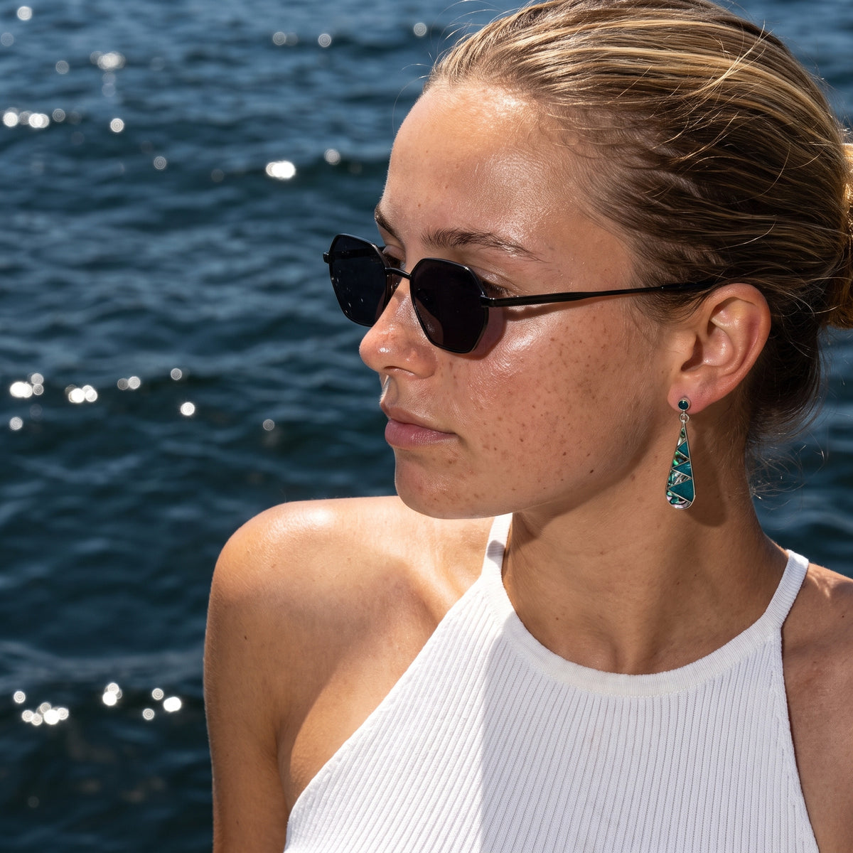 Abalone & Chrysocolla Silver 950 Drop Earrings