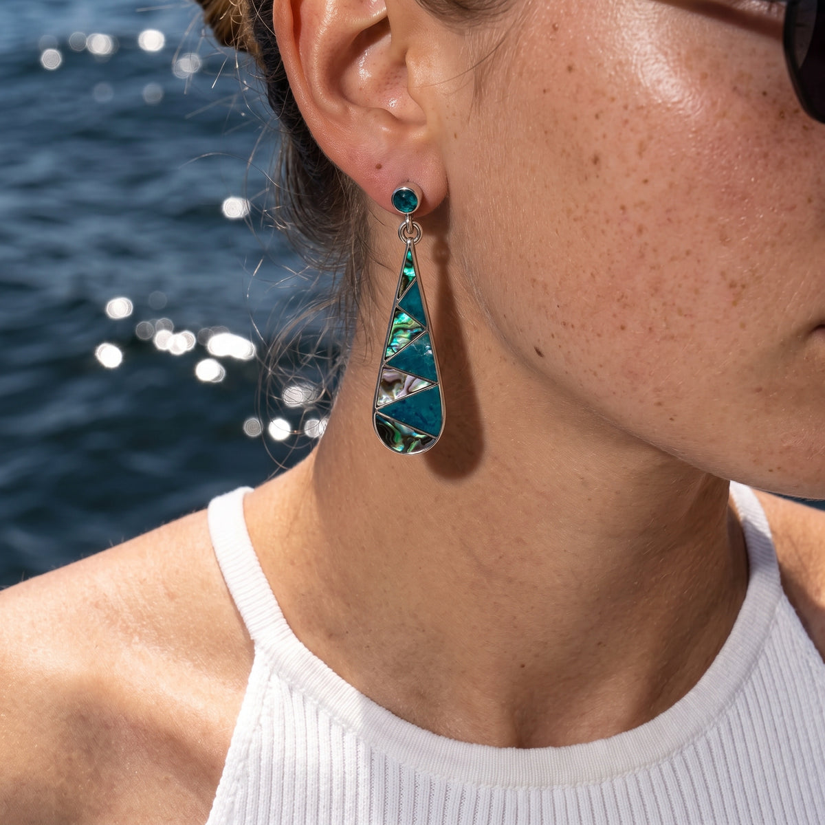 Abalone & Chrysocolla Silver 950 Drop Earrings