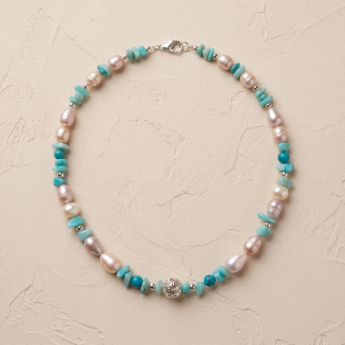 Amazonite, Peruvian Turquoise & River Pearl Necklace — Silver 950