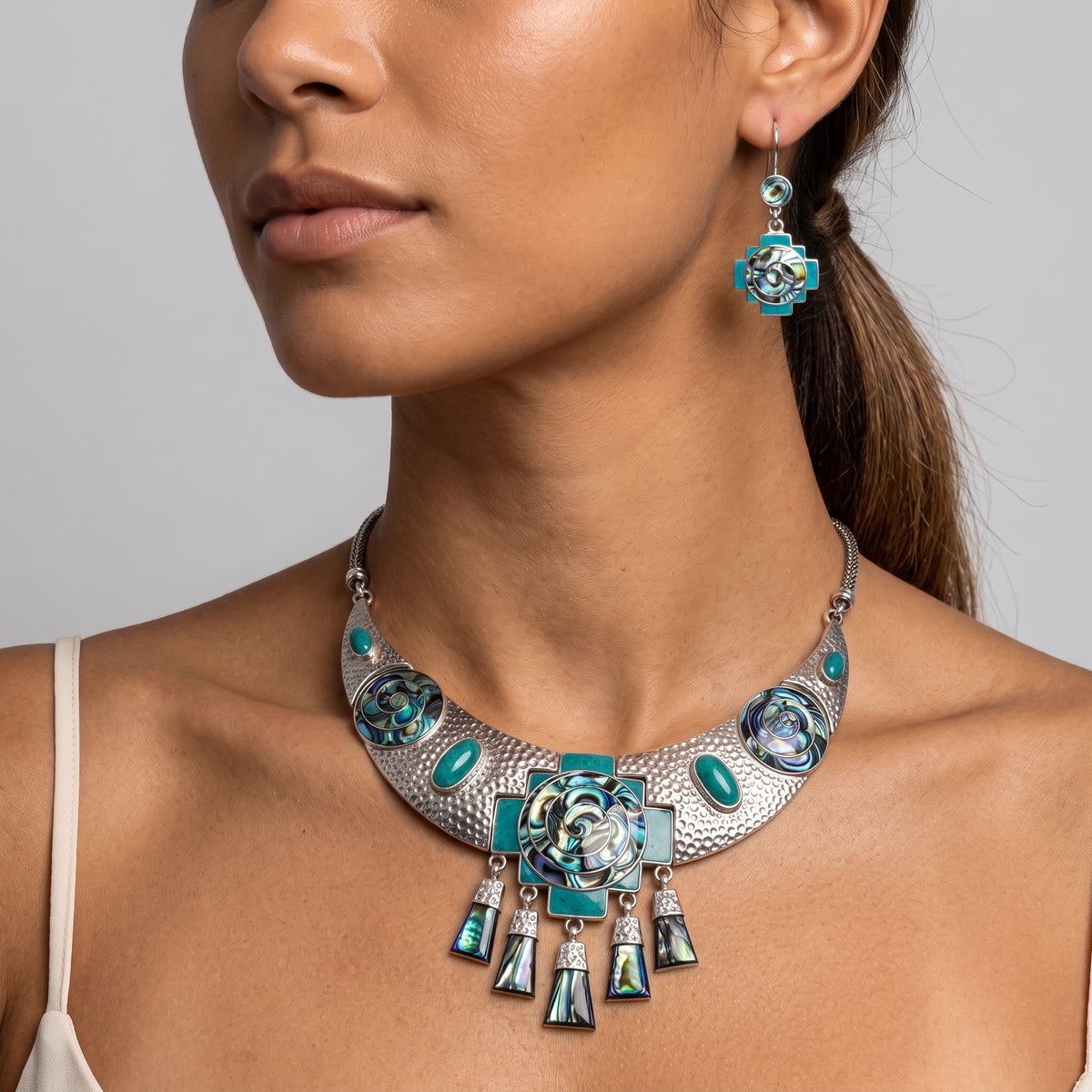 Abalone & Chrysocolla 950 Silver Necklace & Earrings Set