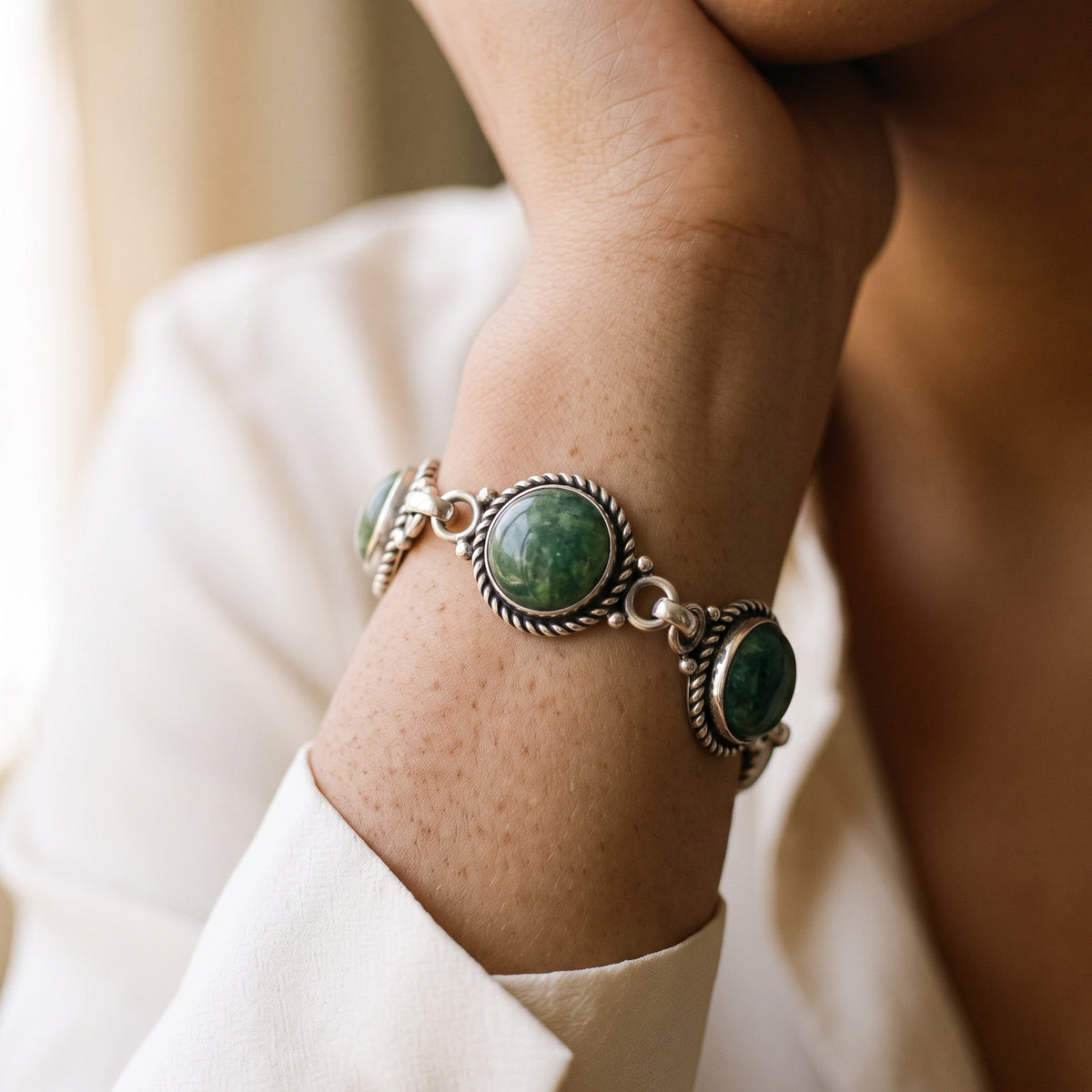 Rare Dominican Green Amber & Silver Bracelet